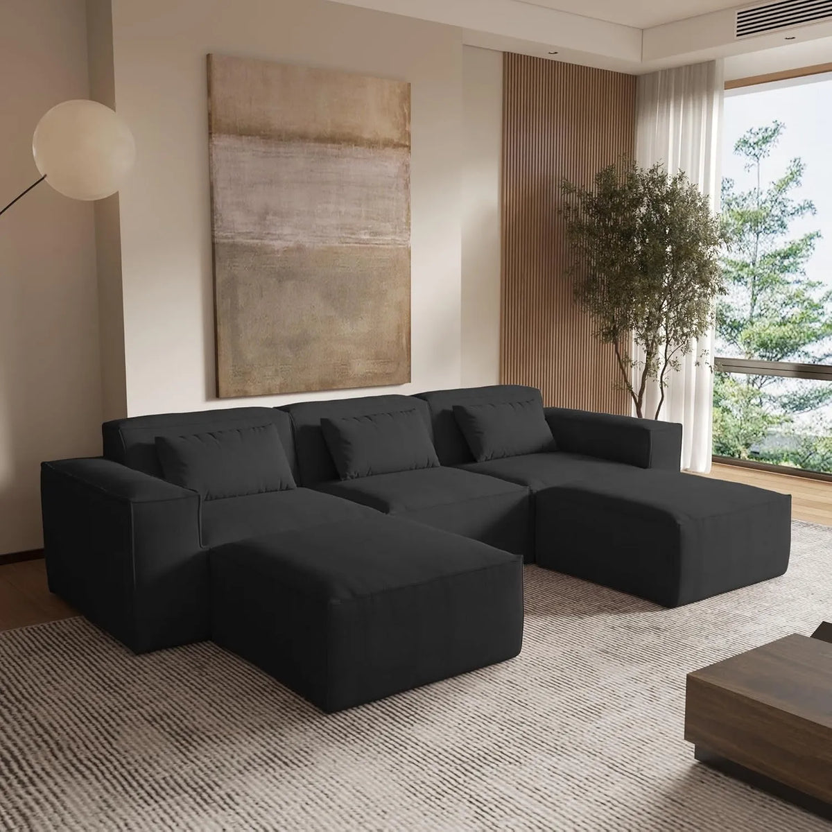 Sofá modular en forma de U Matrix de 3 plazas, color negro | Juego de 5 piezas (incluye 2 otomanas), tapizado en terciopelo Cloud, diseño espacioso.