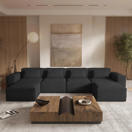 Matrix Classic Sectional Sofas | Black Corduroy U shaped Sectionals 4-seaters With 2 Ottoman