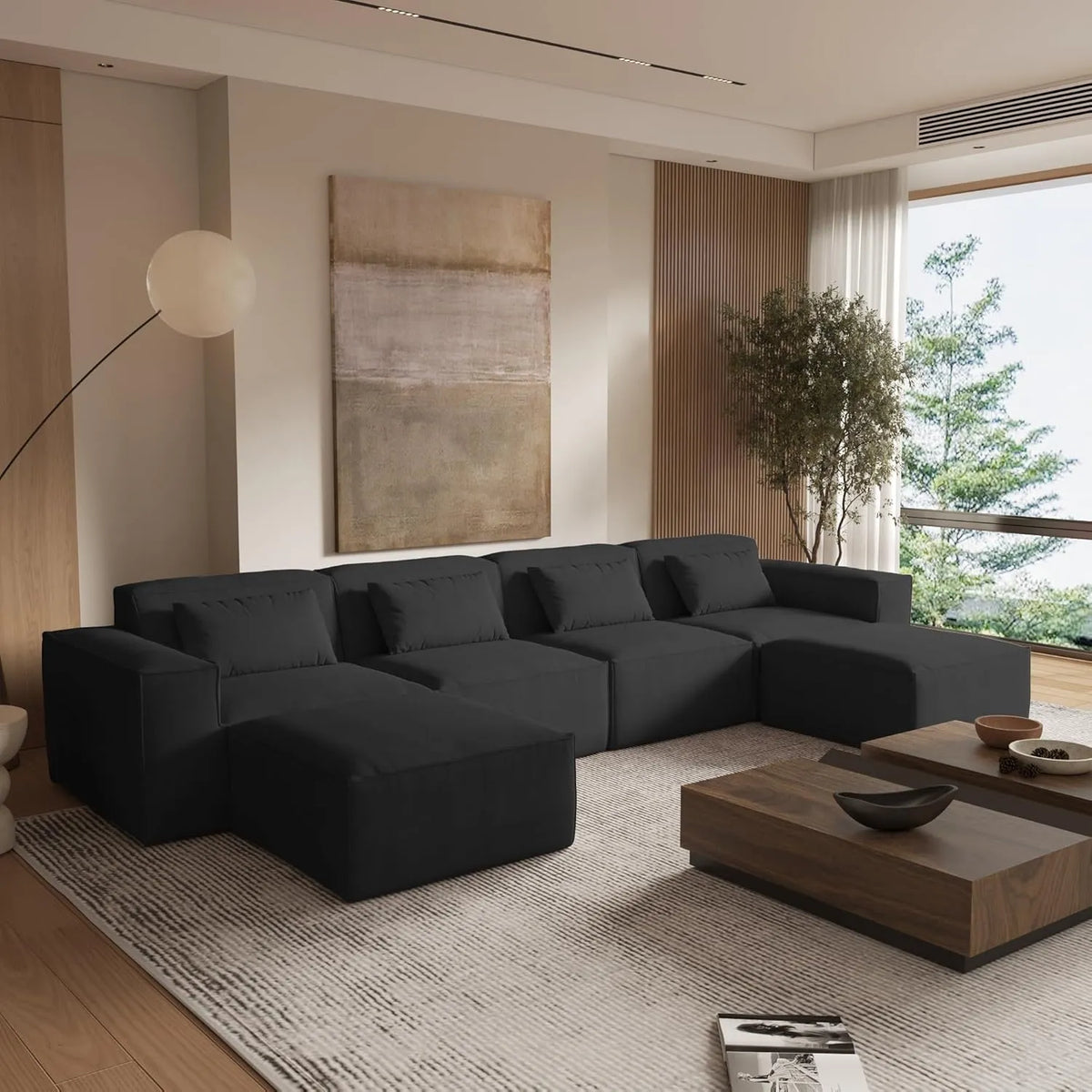 Matrix 4-Seater Black Modular U-Shaped Sectional | 6-Piece (includes 2 Ottomans), Cloud Velvet Fabric, Spacious Design