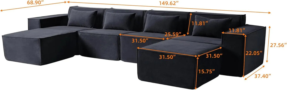 Matrix Classic Sectional Sofas | Black Corduroy U shaped Sectionals 4-seaters With 2 Ottoman