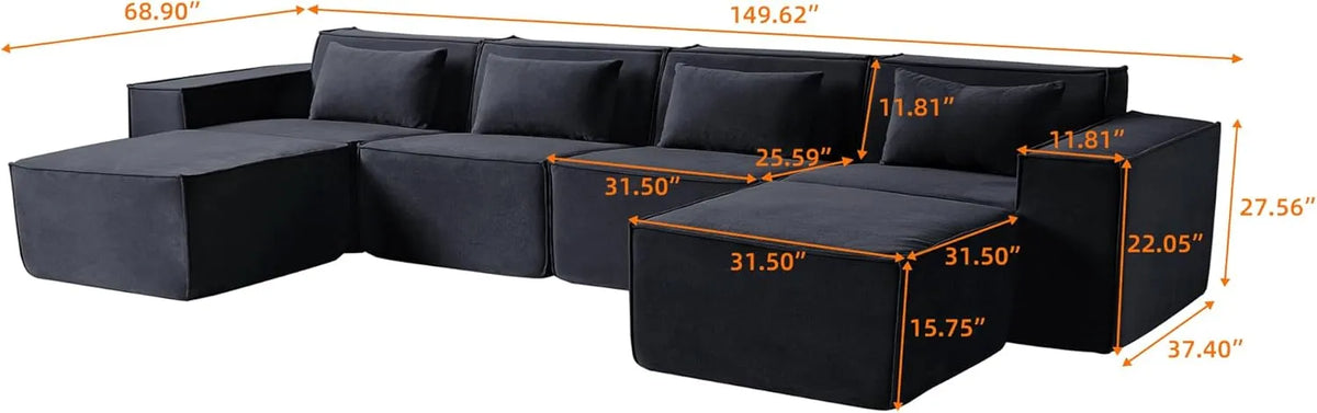 Matrix 4-Seater Black Modular U-Shaped Sectional | 6-Piece (includes 2 Ottomans), Cloud Velvet Fabric, Spacious Design