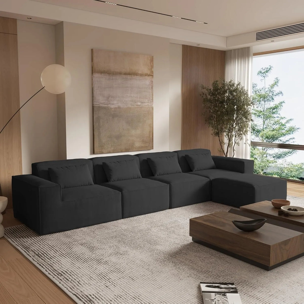 Matrix 4-Seater Black Modular L-Shaped Sectional | 5-Piece (includes 1 Ottoman), Cloud Velvet Fabric, Roomy Layout