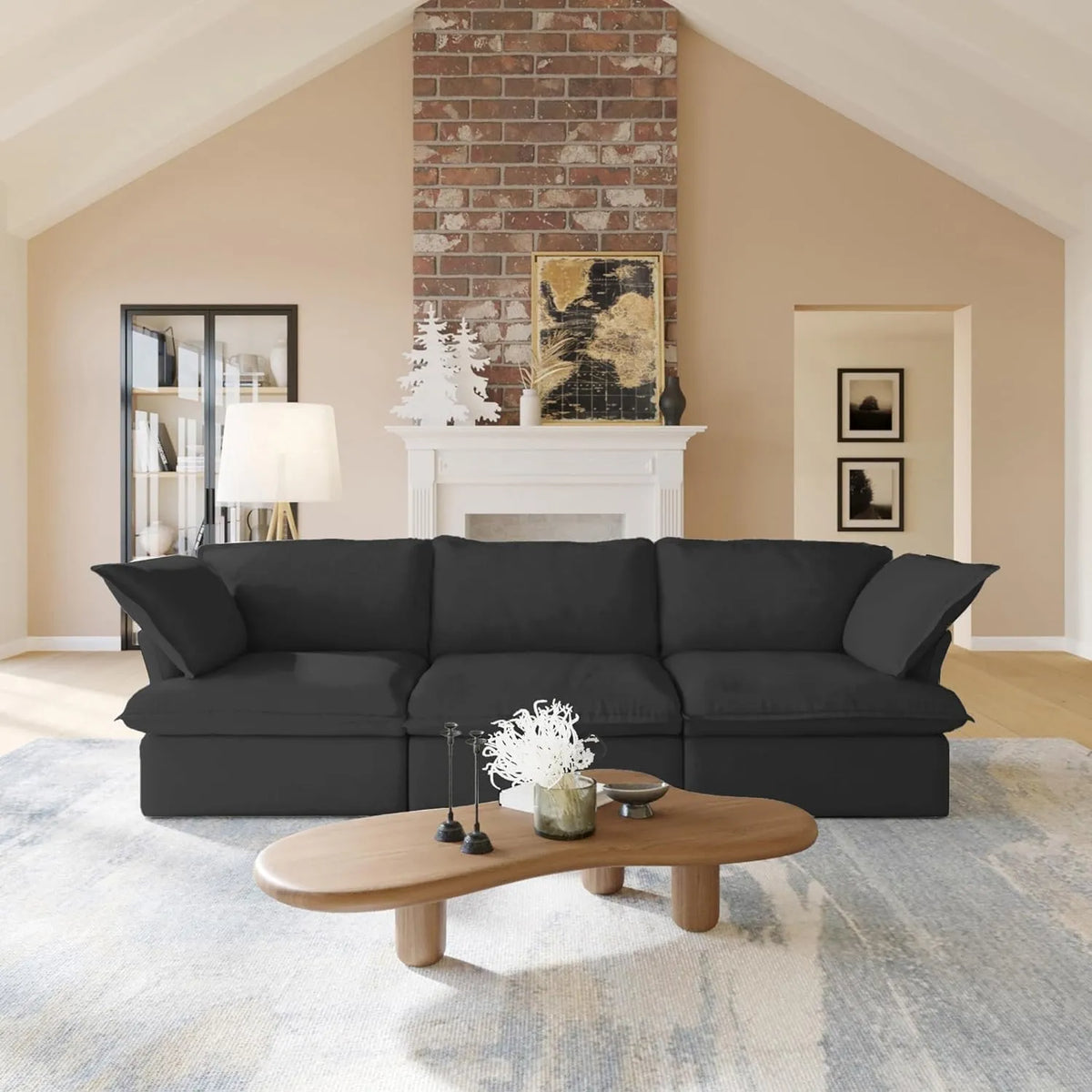 Deluxe Cloud 3-Seater Black Washable Couch Sectional | 3-Piece, Linen and Cotton Fabric, Modular Design