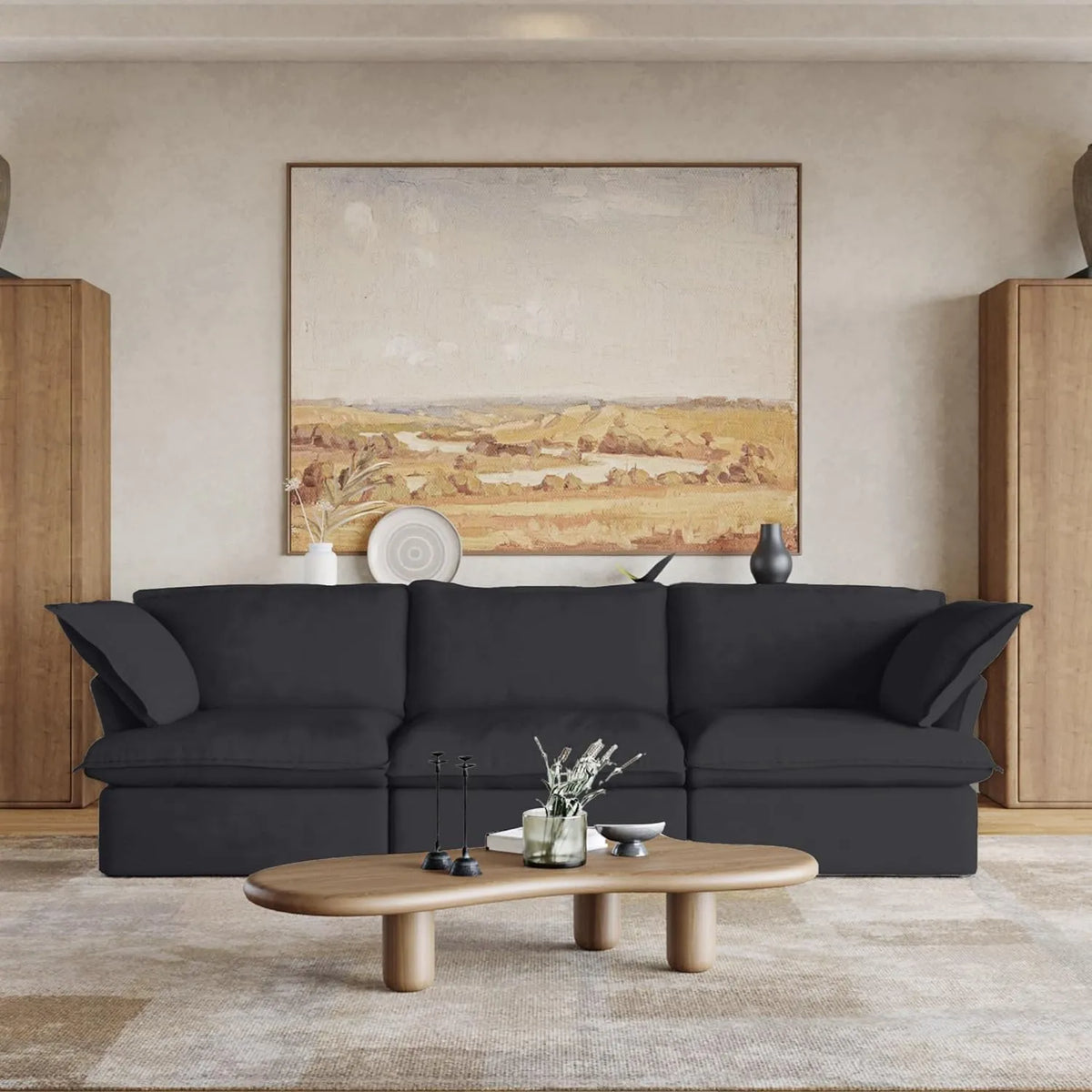 Deluxe Cloud 3-Seater Black Washable Couch Sectional | 3-Piece, Linen and Cotton Fabric, Modular Design