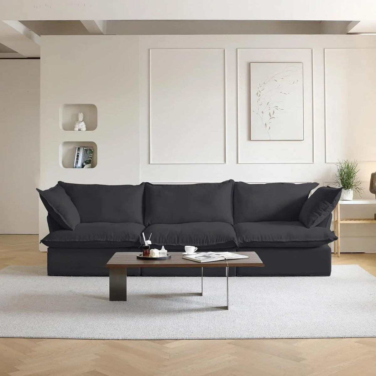 Deluxe Cloud 3-Seater Black Washable Couch Sectional | 3-Piece, Linen and Cotton Fabric, Modular Design