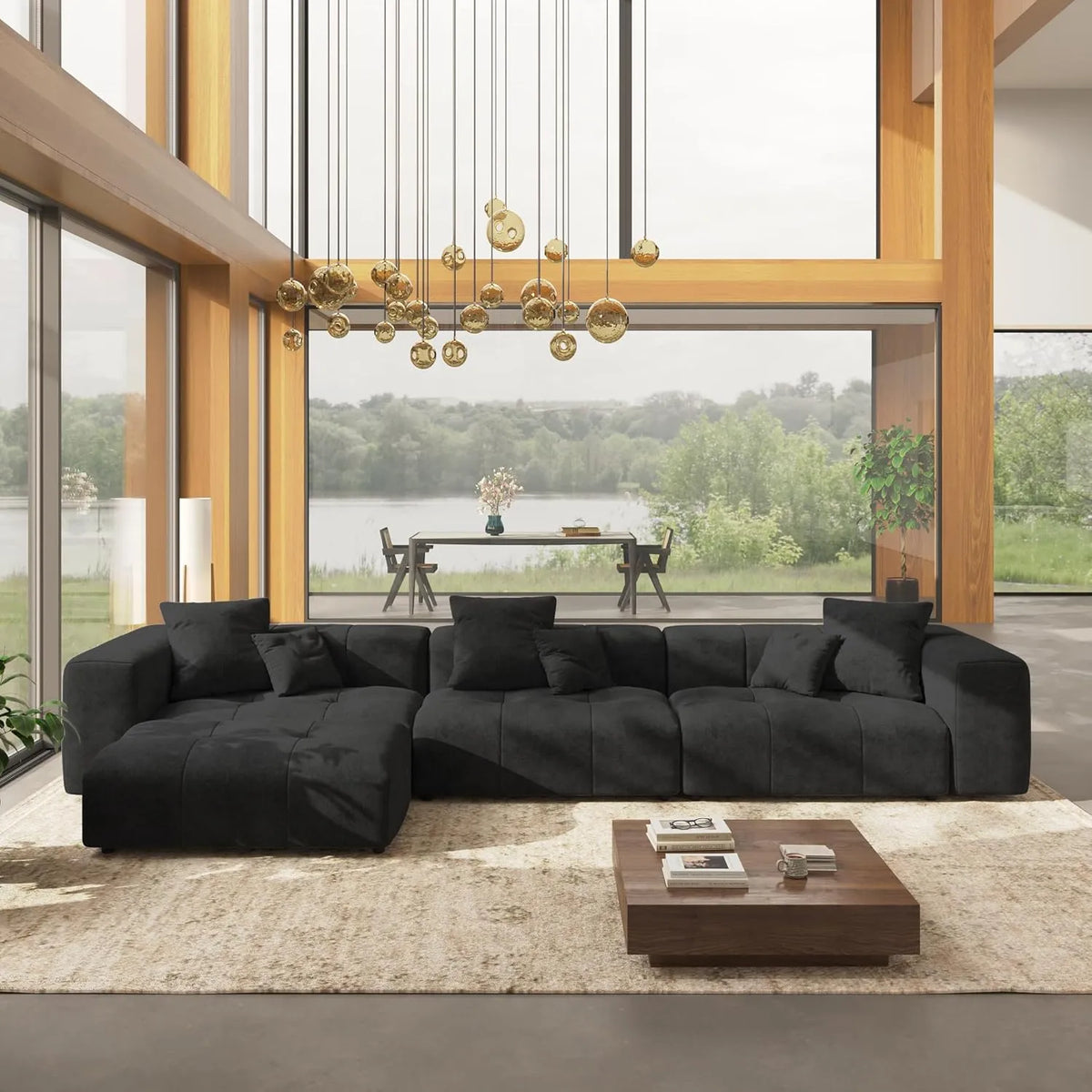Matrix 3-Seater Sofa Set in Black Linen | 4-Piece (Includes 1 Ottoman), Modern Style