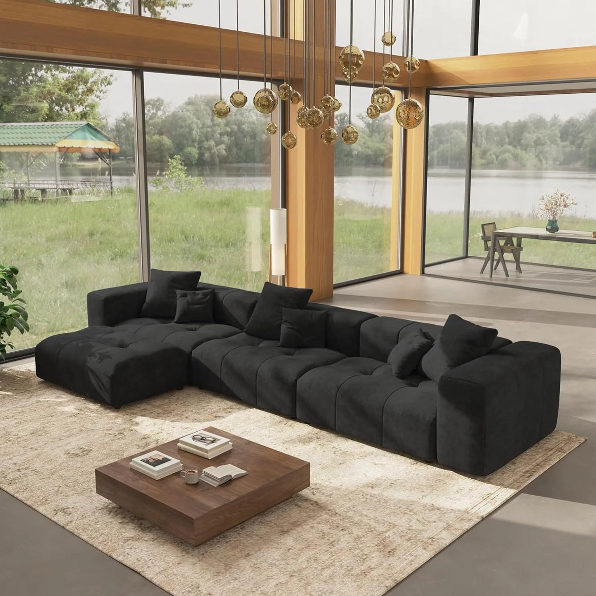 Matrix 3-Seater Sofa Set in Black Linen | 4-Piece (Includes 1 Ottoman), Modern Style