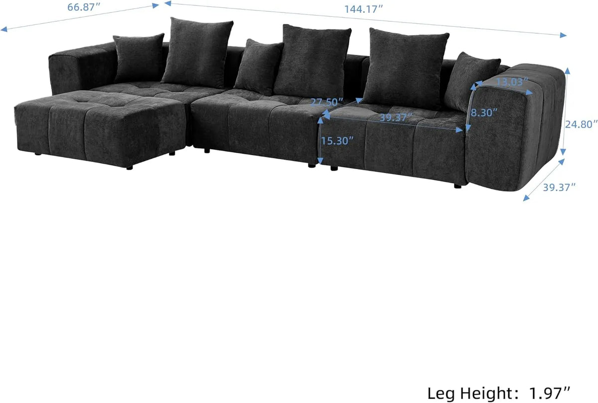 Matrix 3-Seater Sofa Set in Black Linen | 4-Piece (Includes 1 Ottoman), Modern Style