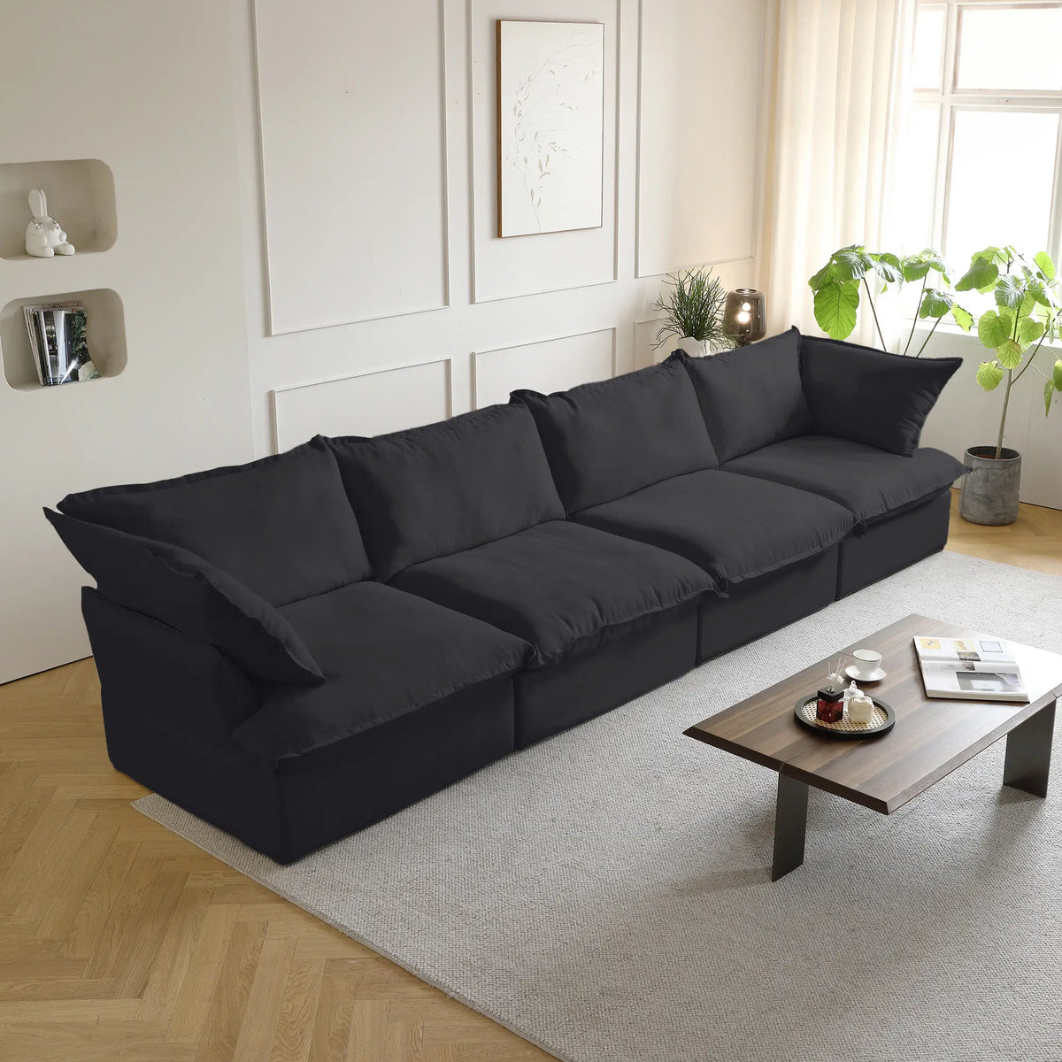 Deluxe Cloud 4-Seater Black Washable Couch Sectional | 4-Piece, Linen and Cotton Fabric, Modular Design