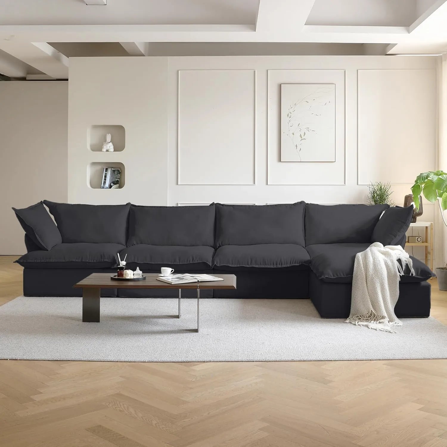 Deluxe Linen Cloud Sectional Sofas | 5-Piece Black Cotton and Linen L Shaped Sectionals 4-seaters