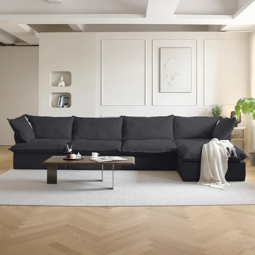 Deluxe Linen Cloud Sectional Sofas | 5-Piece Black Cotton and Linen L-Shaped Sectionals 4-Seater