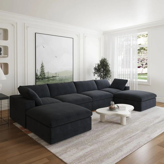 Deluxe Premium Cloud Sectional Sofas | Black Cotton and Linen U shaped Sectionals 4-seaters