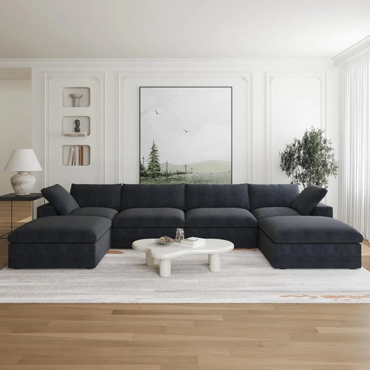 Deluxe Premium Cloud Sectional Sofas | Black Cotton and Linen U shaped Sectionals 4-seaters