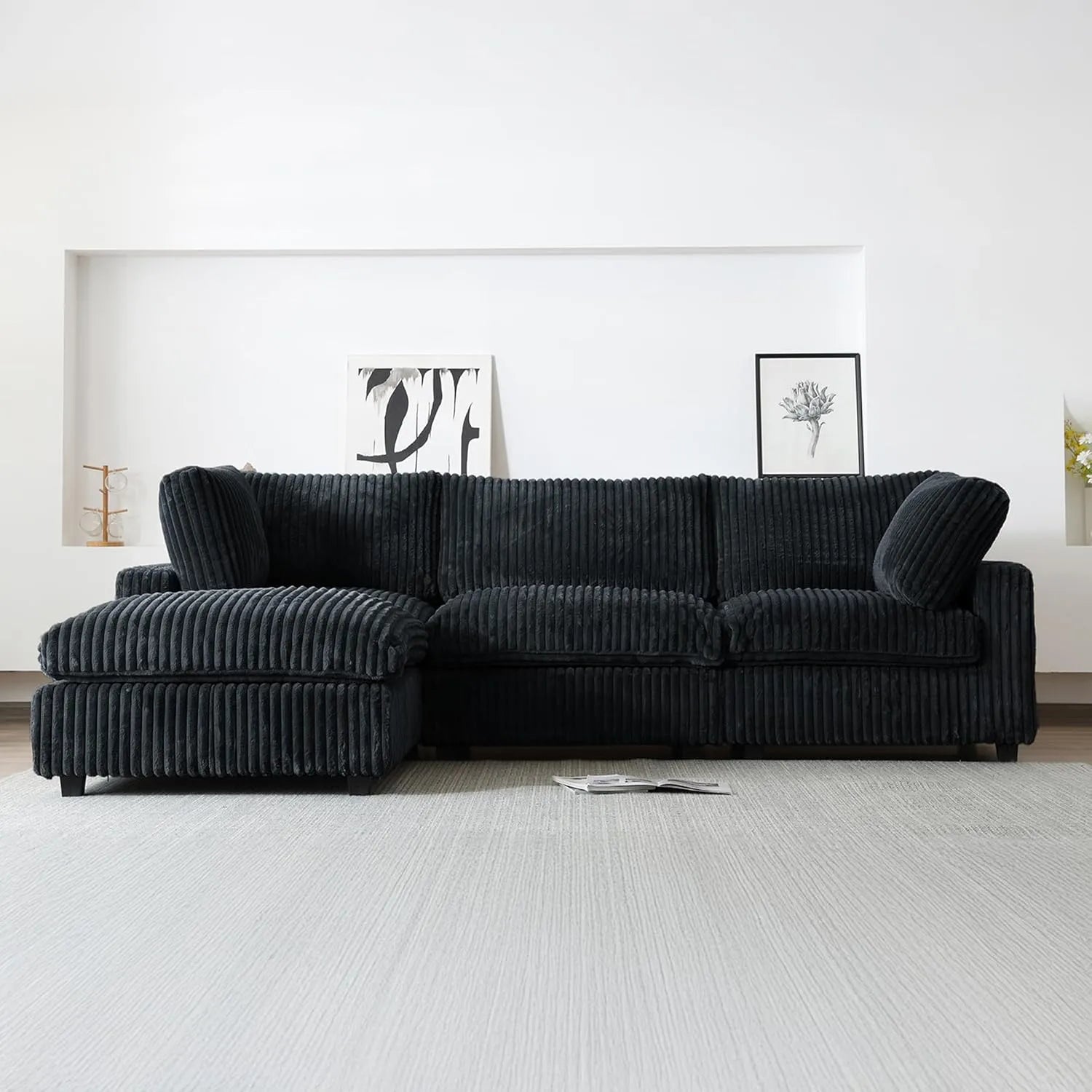 Sofá modular en forma de L Deluxe Cloud de 3 plazas, color negro, lavable | 4 piezas (incluye 1 otomana), tejido de felpa, diseño modular