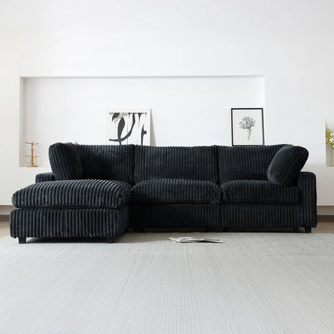 Deluxe Cloud 3-Seater Black Washable L-Shaped Sectional | 4-Piece (includes 1 Ottoman), Plush Fabric, Modular Design