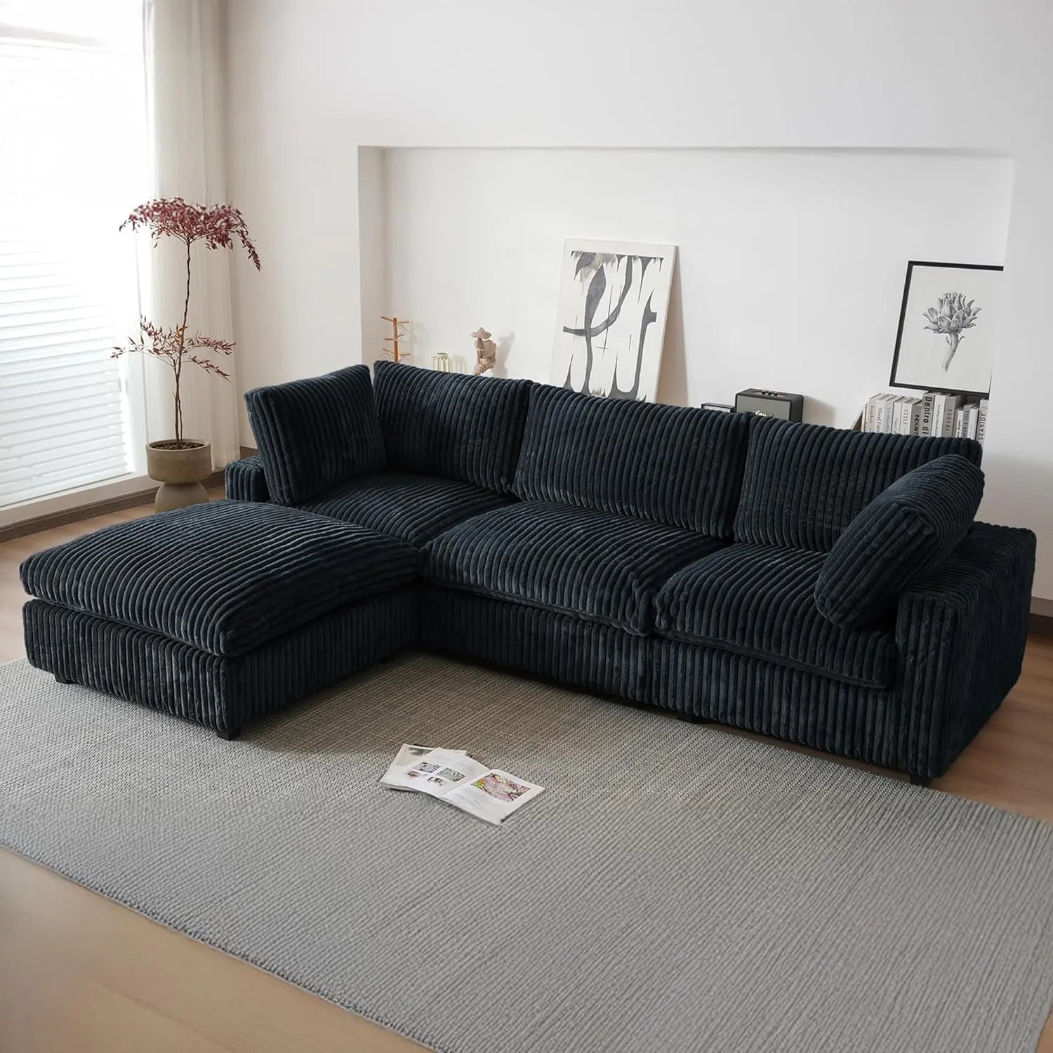 Sofá modular en forma de L Deluxe Cloud de 3 plazas, color negro, lavable | 4 piezas (incluye 1 otomana), tejido de felpa, diseño modular