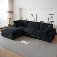 Deluxe Classic Cloud Sectional Sofas | Black Plush Fabric Couch Sectionals 3-seaters with 1 Ottoman