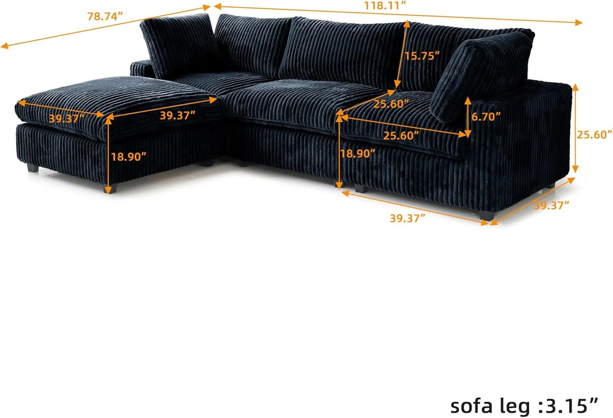 Deluxe Cloud 3-Seater Black Washable L-Shaped Sectional | 4-Piece (includes 1 Ottoman), Plush Fabric, Modular Design