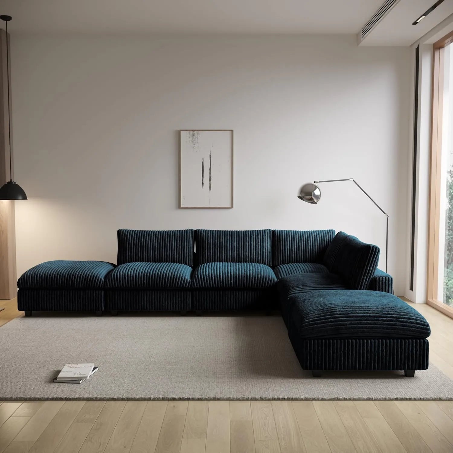 Deluxe Cloud 4-Seater Black Washable L-Shaped Sectional | 6-Piece (includes 2 Ottomans), Plush Fabric, Modular Design