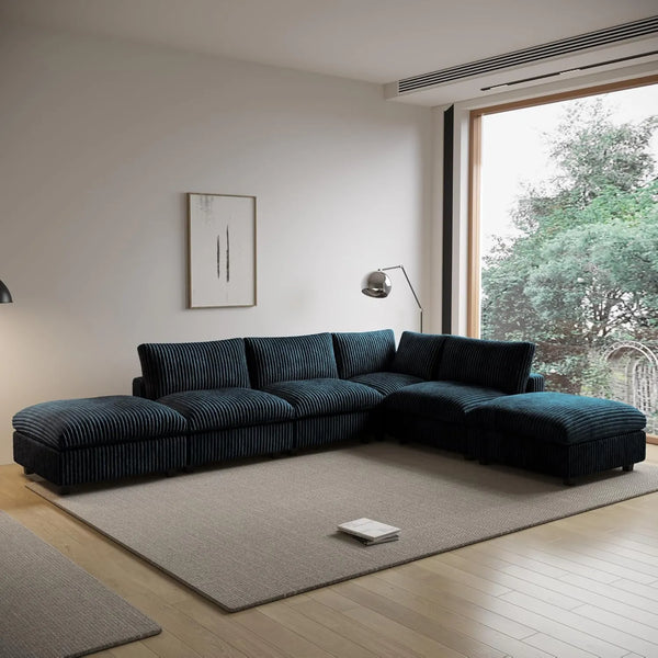 Sofás seccionales Deluxe Classic Cloud | Seccionales en forma de L de 6 piezas, tapizados en tela afelpada negra, para 4 plazas