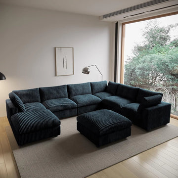 Deluxe Cloud 6-Seater Black Washable Sofa Set | 8-Piece (includes 2 Ottomans), Plush Fabric, Modular Design