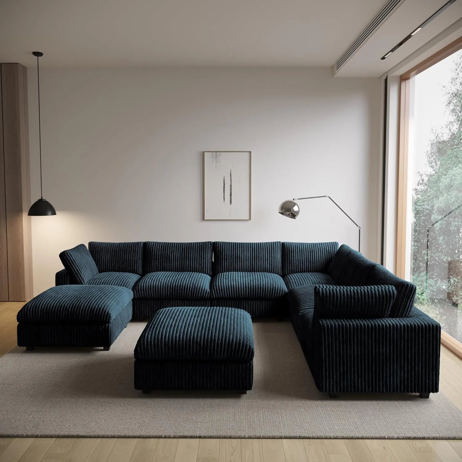 Sofá de lujo Cloud de 6 plazas, color negro, lavable | 8 piezas (incluye 2 otomanas), tela de felpa, diseño modular