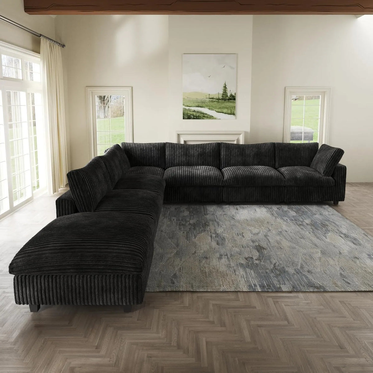 Deluxe Cloud 6-Seater Black Washable V-Shaped Sectional | 7-Piece (includes 1 Ottoman), Plush Fabric, Modular Design