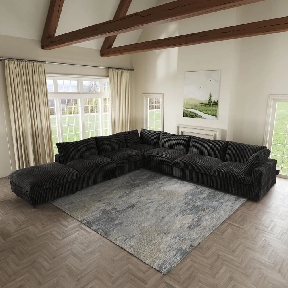 Deluxe Classic Cloud Sectional Sofas | Black Plush Fabric U shaped Sectionals 6-seaters with 1 Ottoman