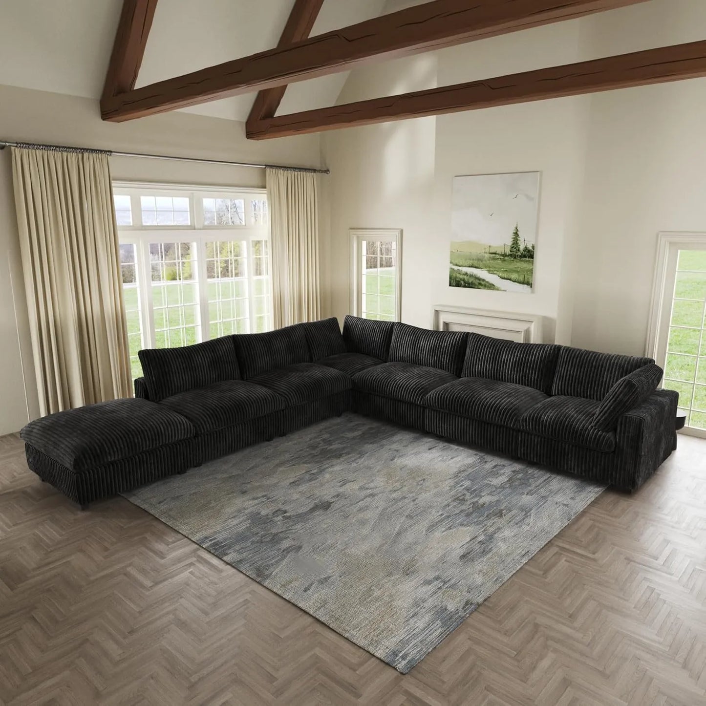 Deluxe Classic Cloud Sectional Sofas | Black Plush Fabric U shaped Sectionals 6-seaters with 1 Ottoman