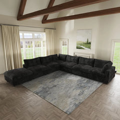 Deluxe Classic Cloud Sectional Sofas | Black Plush Fabric U shaped Sectionals 6-seaters with 1 Ottoman