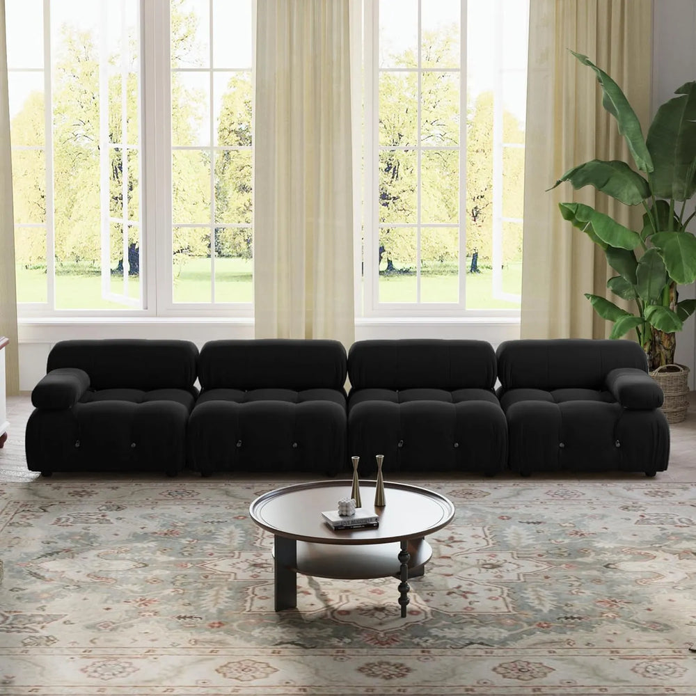 Matrix Minimalist Modular Sofas | 4-Piece Black Velvet Couch Sectionals 4-Seater