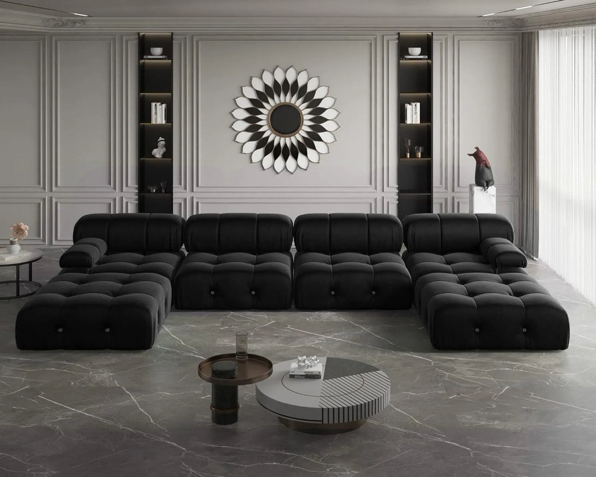 Matrix 4-Seater Black Modular U-Shaped Sectional | 6-Piece (includes 2 Ottomans), Velvet Fabric, Large Space