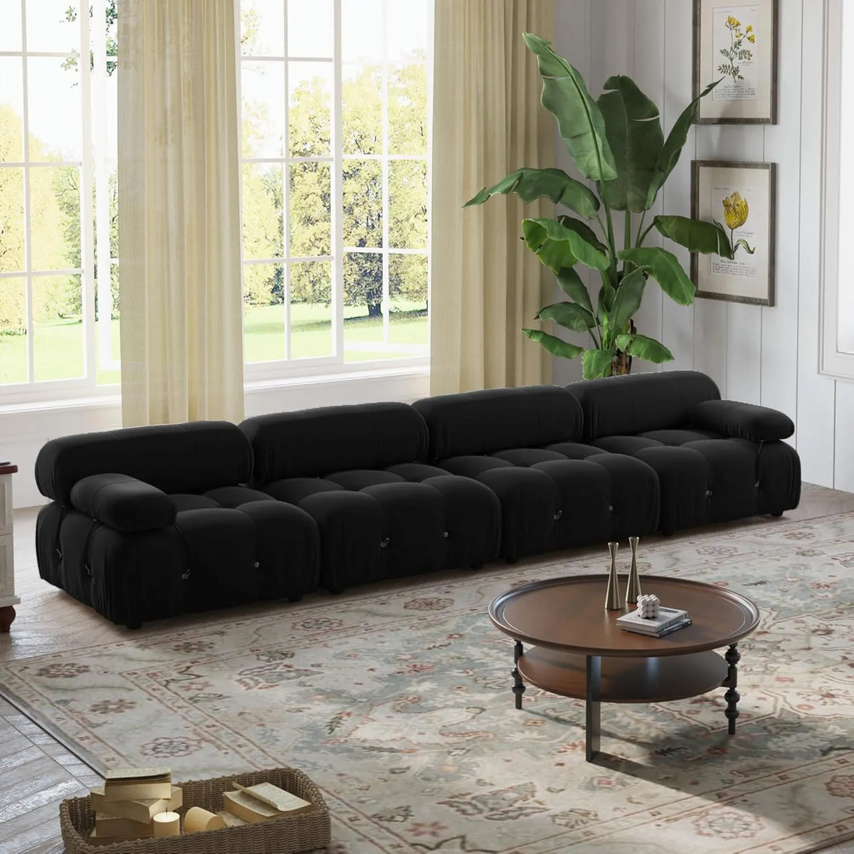 Matrix 4-Seater Black Modular Couch Sectional | 4-Piece, Velvet Fabric, Large Space