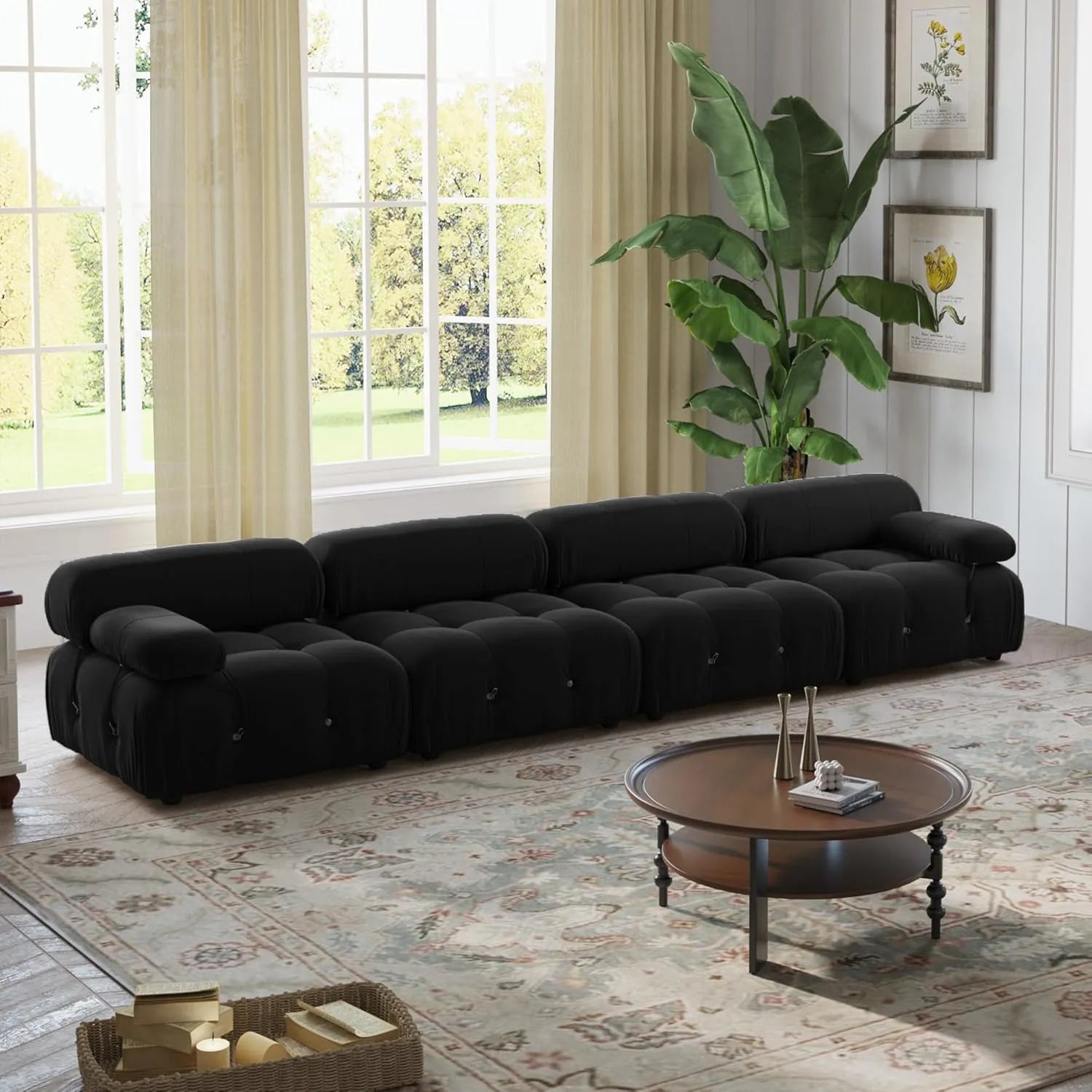 Sofá modular seccional Matrix de 4 plazas en color negro | 4 piezas, tela de terciopelo, gran capacidad