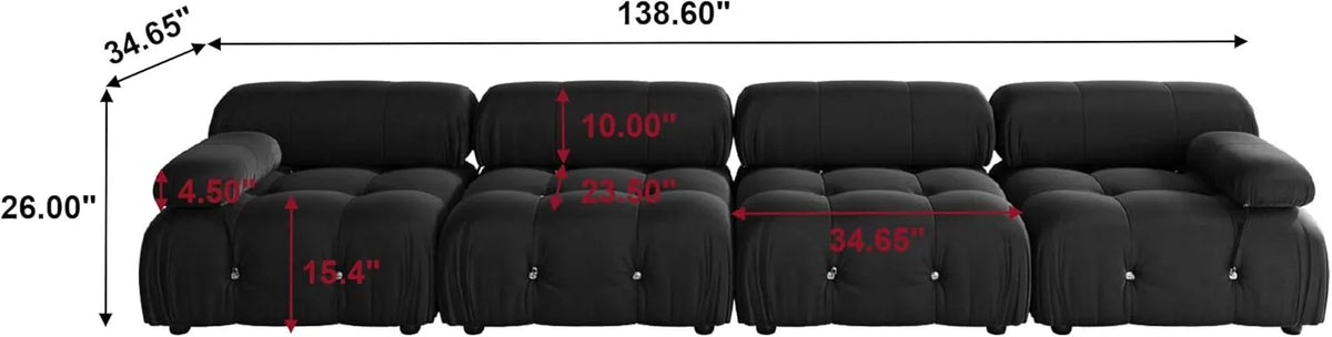 Matrix 4-Seater Black Modular Couch Sectional | 4-Piece, Velvet Fabric, Large Space