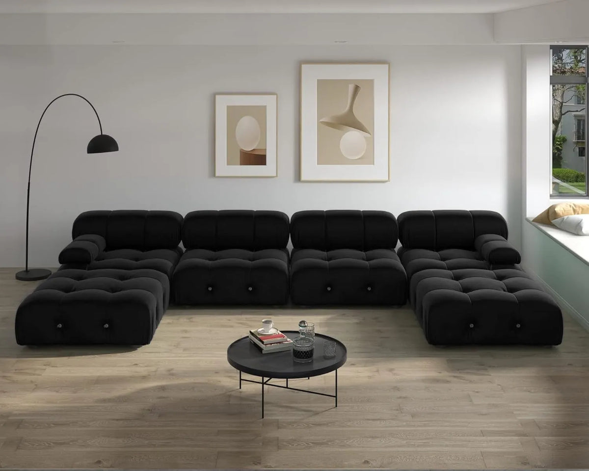 Matrix 4-Seater Black Modular U-Shaped Sectional | 6-Piece (includes 2 Ottomans), Velvet Fabric, Large Space
