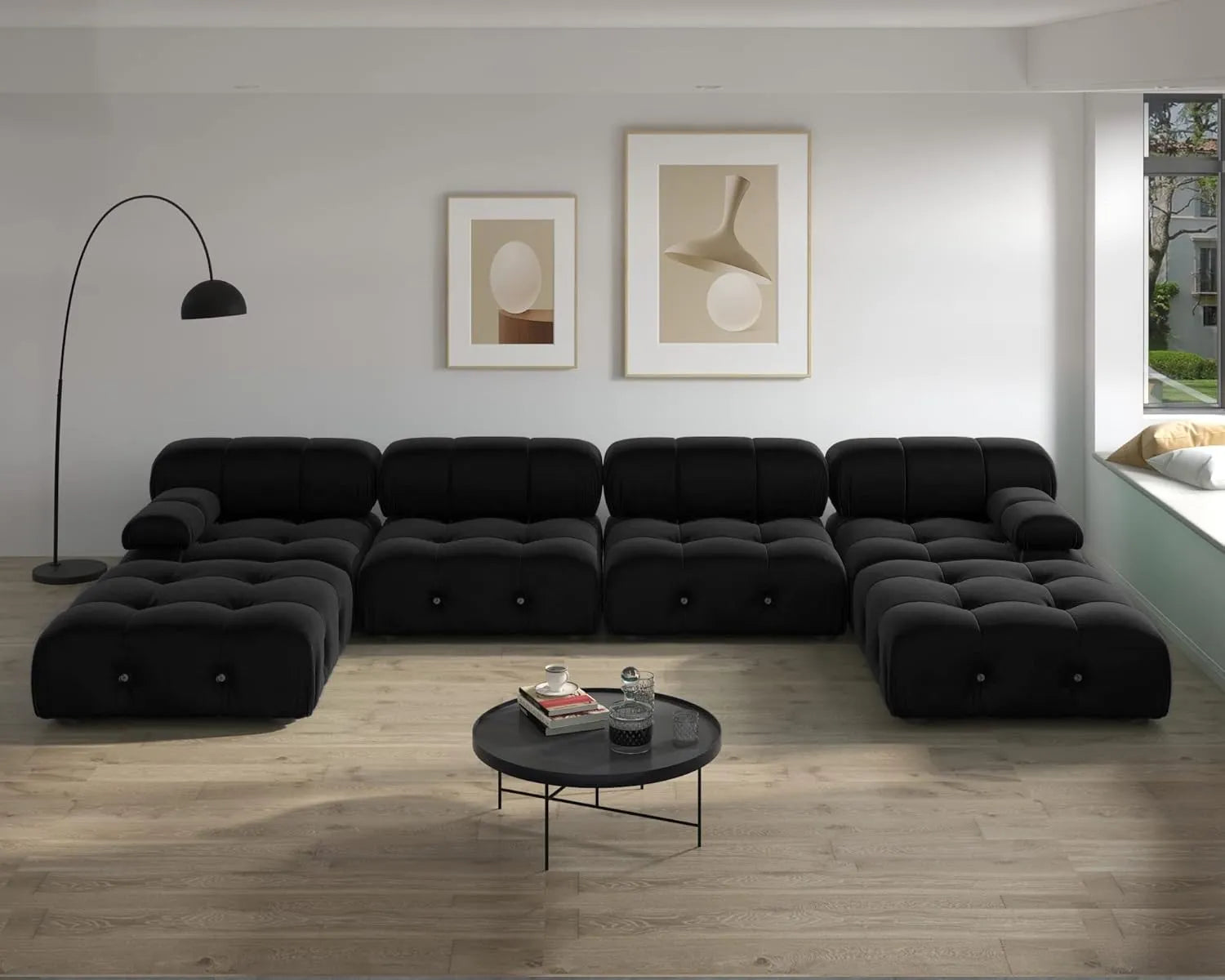 Sofá modular en forma de U Matrix de 4 plazas, color negro | Juego de 6 piezas (incluye 2 otomanas), tapizado en terciopelo, gran capacidad.