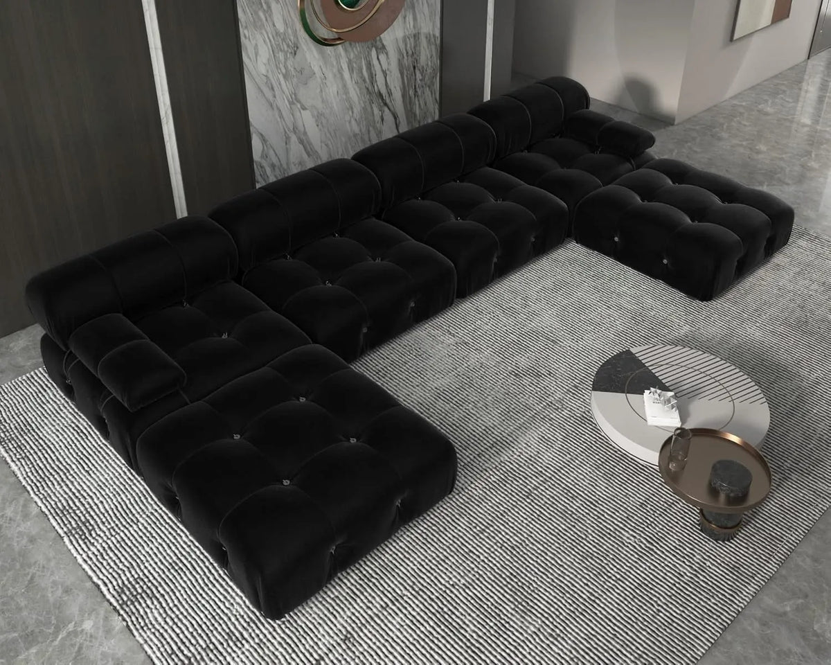 Matrix 4-Seater Black Modular U-Shaped Sectional | 6-Piece (includes 2 Ottomans), Velvet Fabric, Large Space