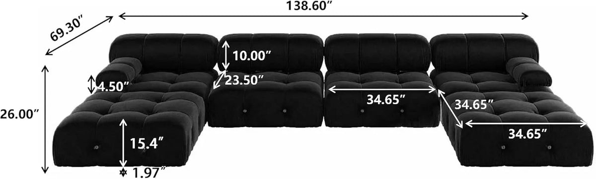 Matrix 4-Seater Black Modular U-Shaped Sectional | 6-Piece (includes 2 Ottomans), Velvet Fabric, Large Space