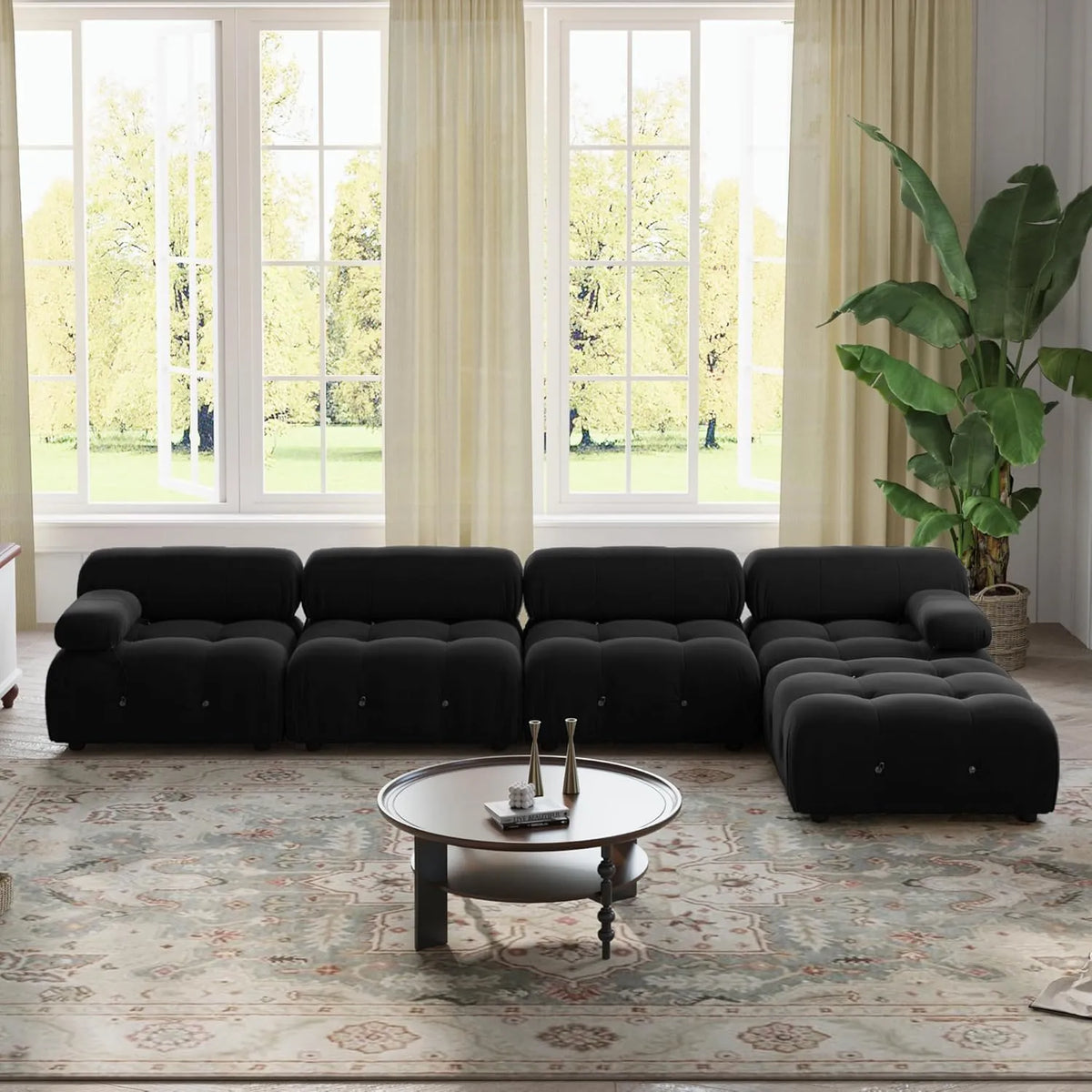 Matrix 4-Seater Black Modular L-Shaped Sectional | 5-Piece (includes 1 Ottoman), Velvet Fabric, Large Space