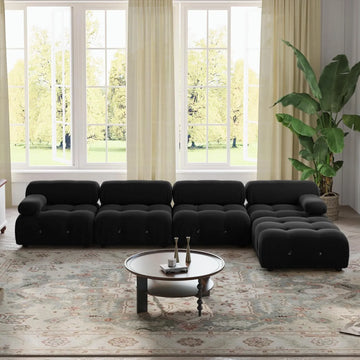 Sofá modular en forma de L Matrix de 4 plazas, color negro | 5 piezas (incluye 1 otomana), tela de terciopelo, gran capacidad.