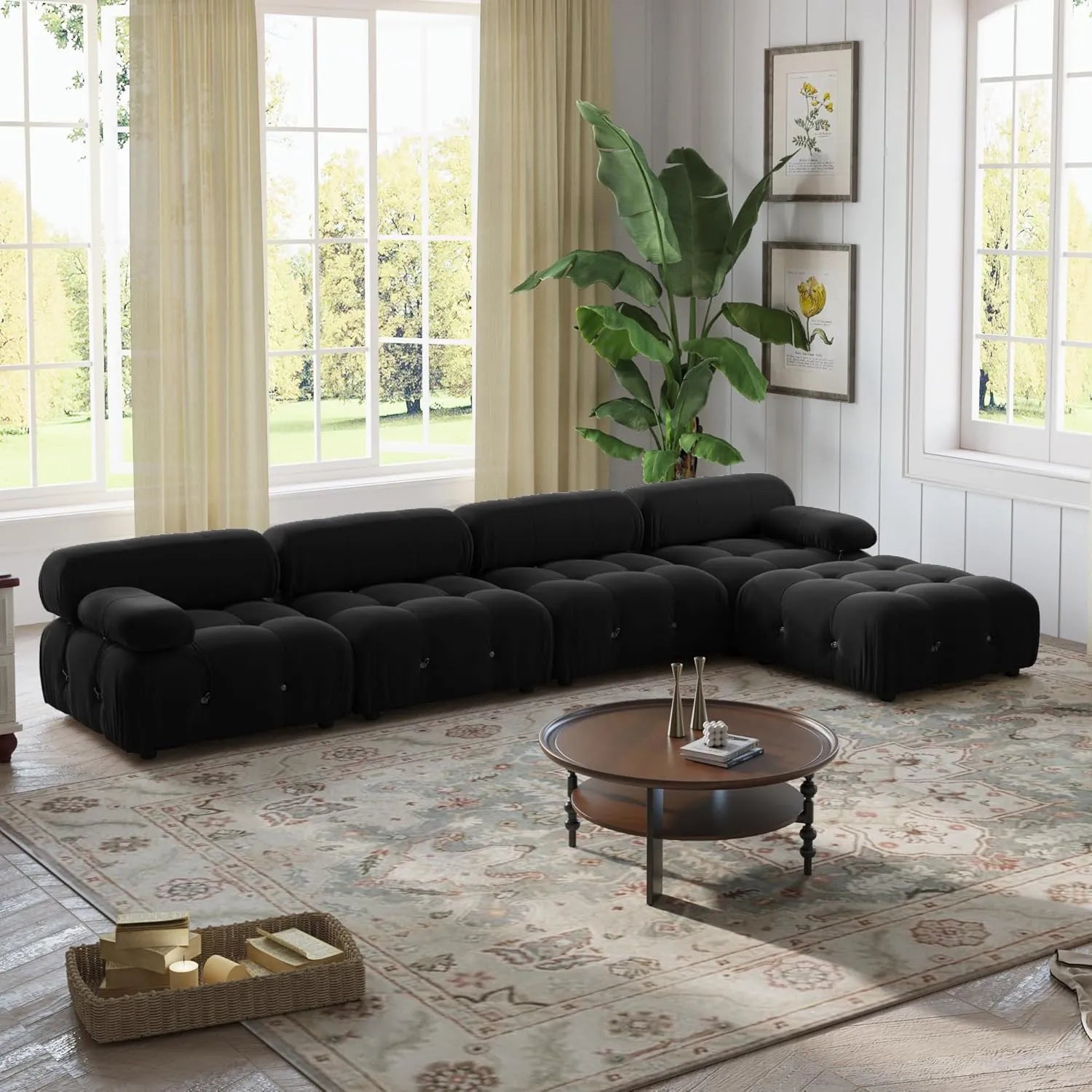 Sofá modular en forma de L Matrix de 4 plazas, color negro | 5 piezas (incluye 1 otomana), tela de terciopelo, gran capacidad.