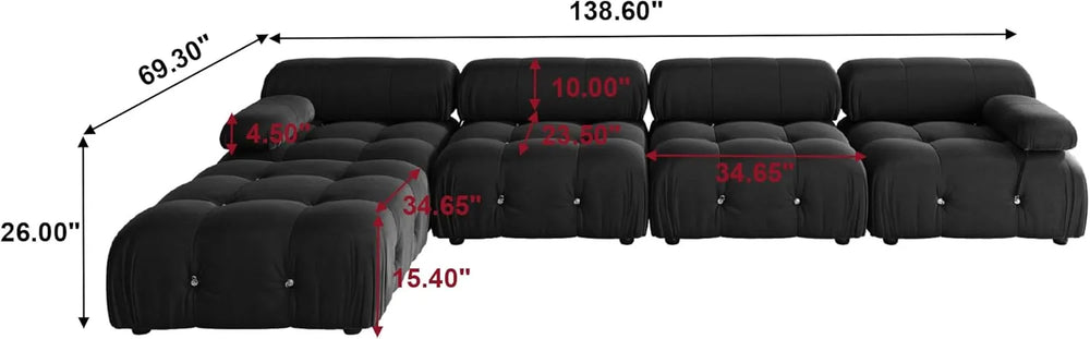 Matrix Minimalist Modular Sofas | Black Velvet Couch Sectionals 4-seaters with 1 Ottoman