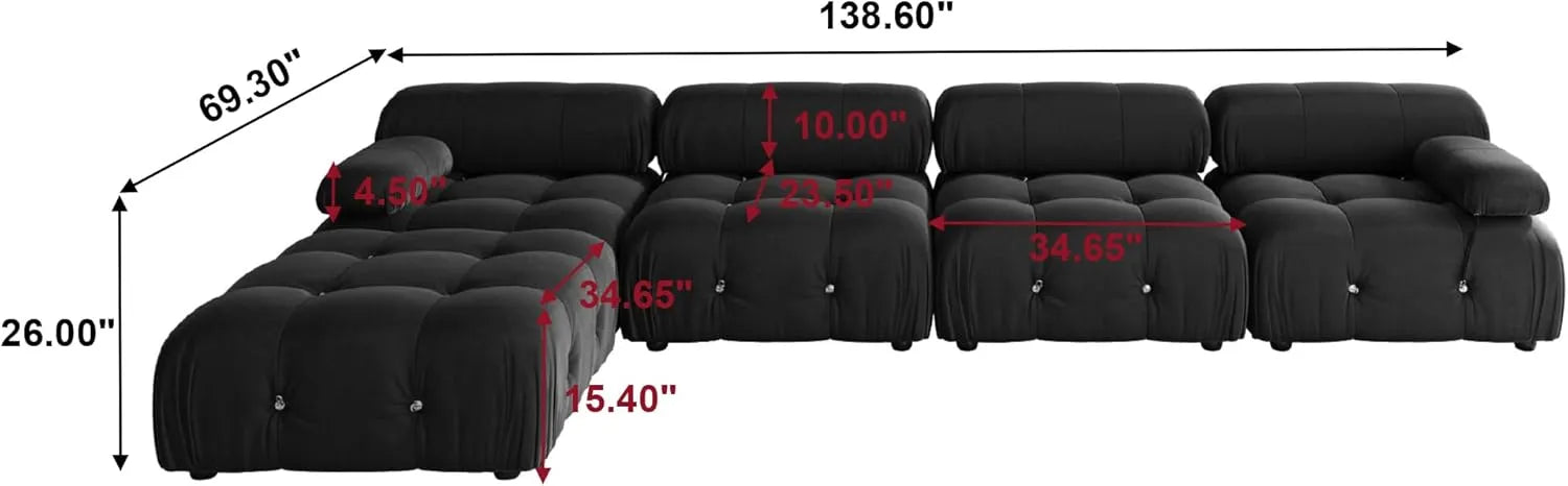 Sofá modular en forma de L Matrix de 4 plazas, color negro | 5 piezas (incluye 1 otomana), tela de terciopelo, gran capacidad.