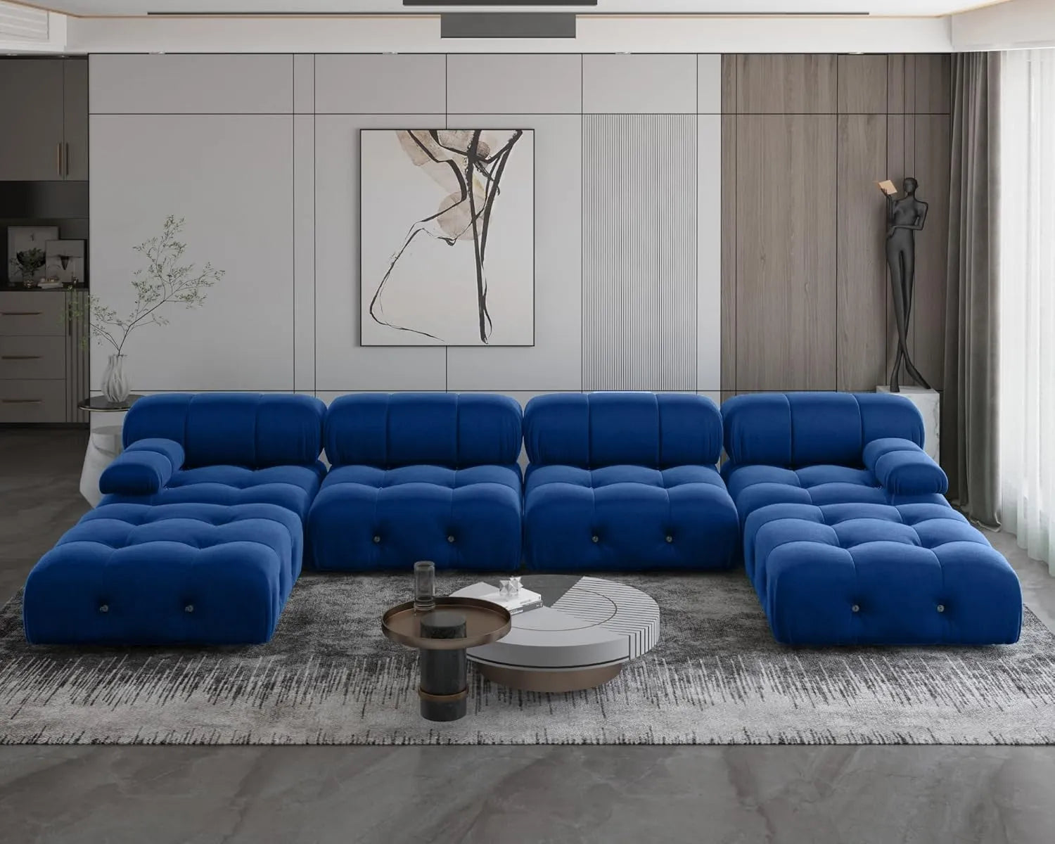 Matrix 4-Seater Blue Modular U-Shaped Sectional | 6-Piece (includes 2 Ottomans), Velvet Fabric, Roomy Layout