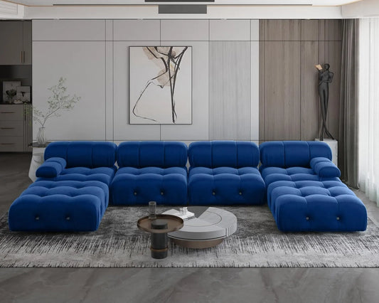 Matrix Minimalist Modular Sofas | Blue Velvet Couch Sectionals 4-seaters With 2 Ottoman
