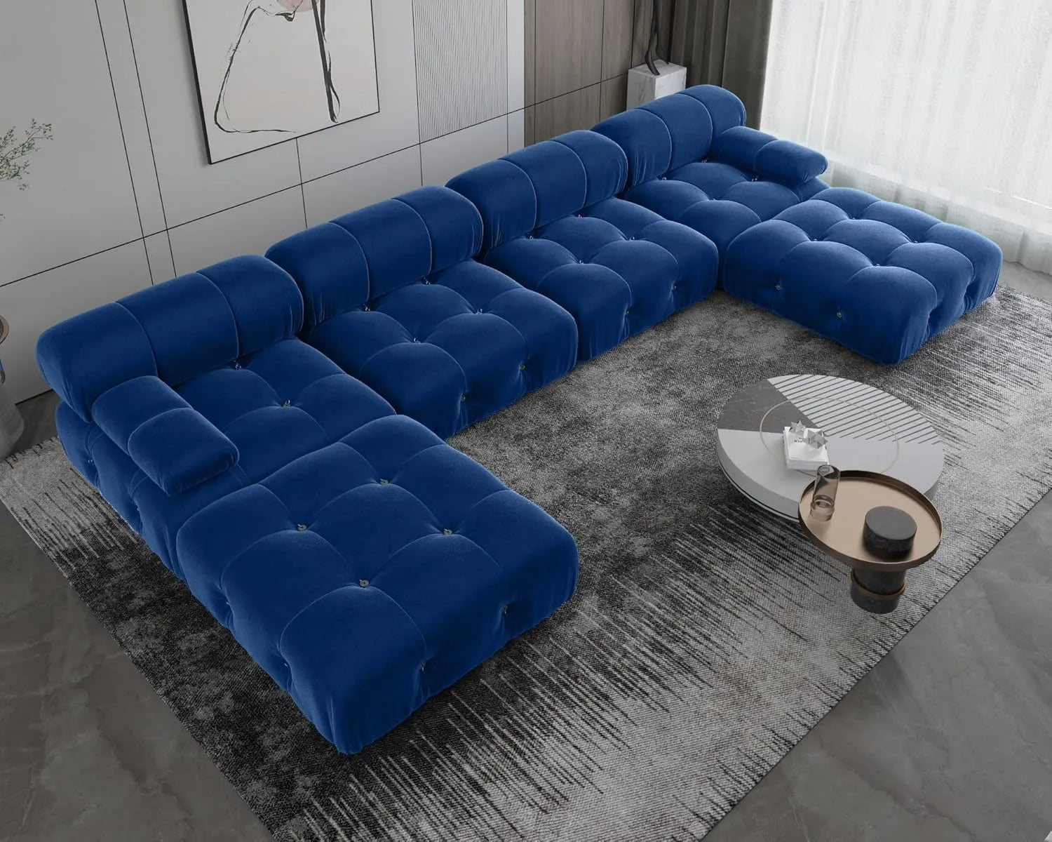 Matrix 4-Seater Blue Modular U-Shaped Sectional | 6-Piece (includes 2 Ottomans), Velvet Fabric, Roomy Layout