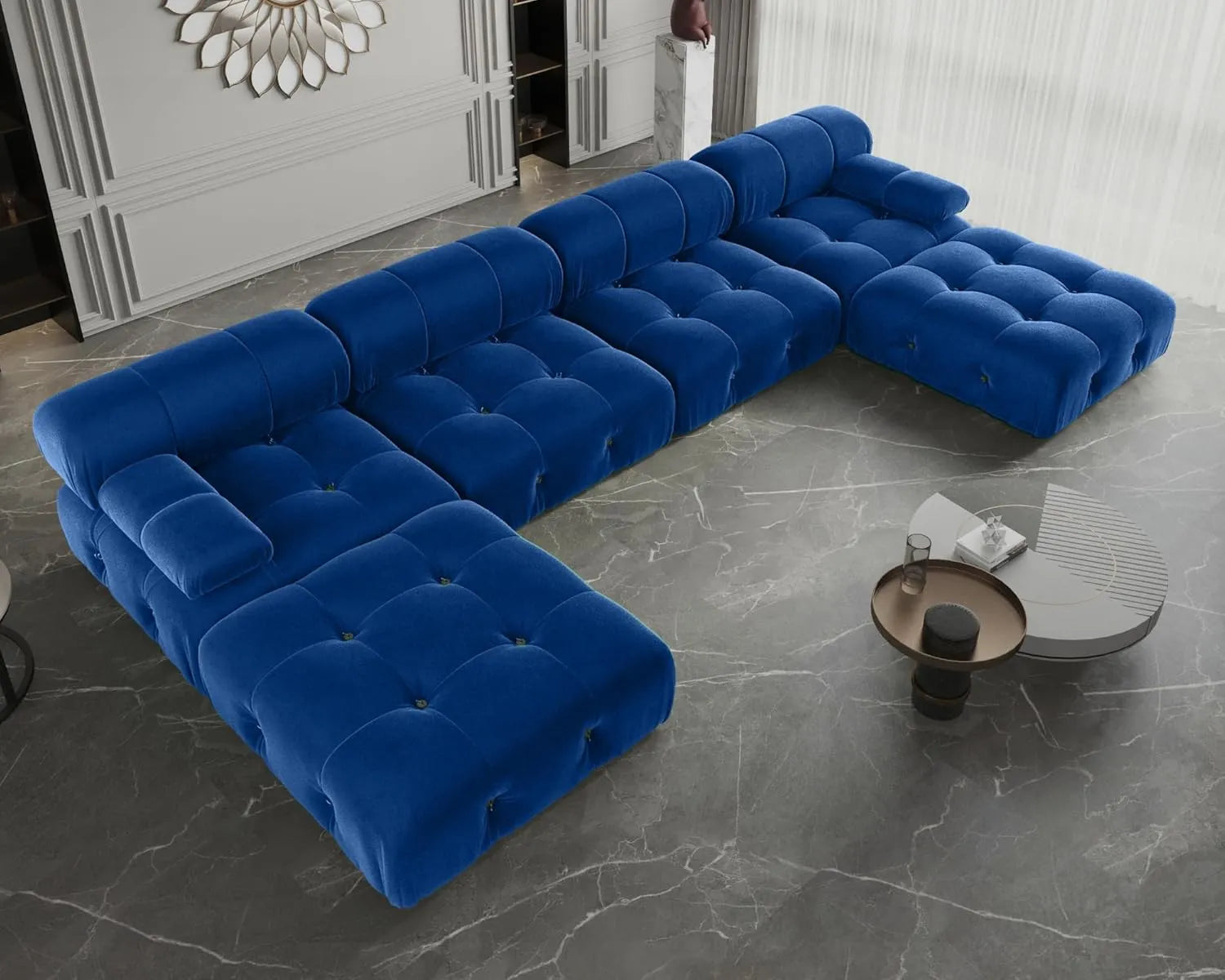 Matrix 4-Seater Blue Modular U-Shaped Sectional | 6-Piece (includes 2 Ottomans), Velvet Fabric, Roomy Layout