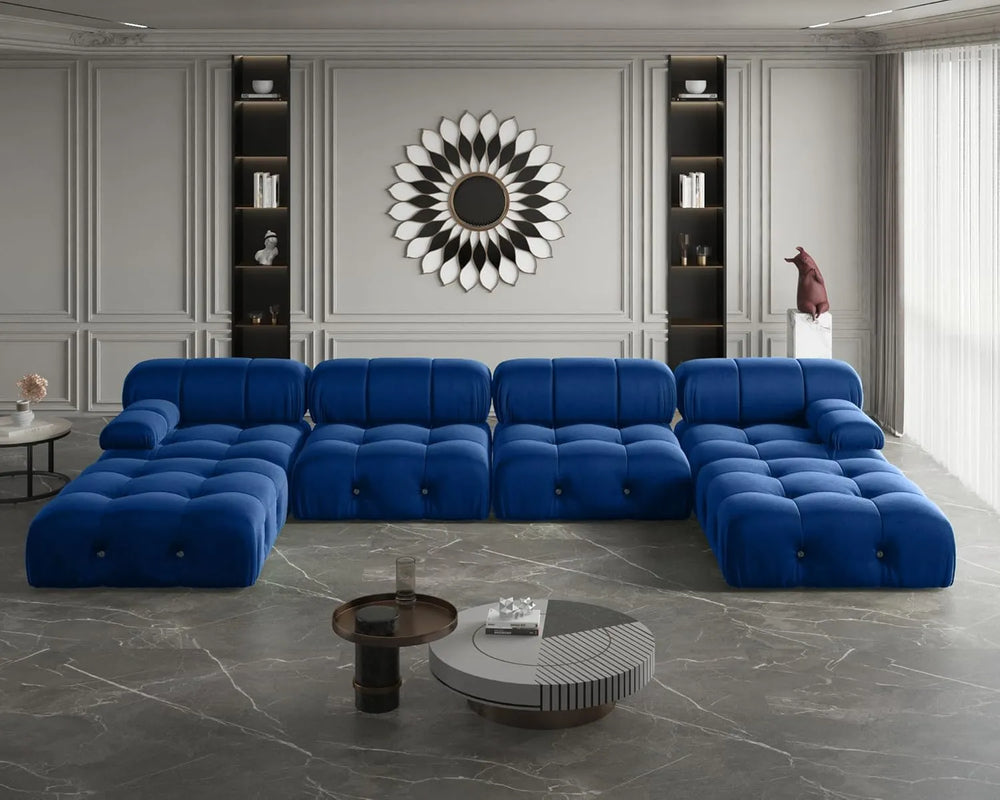 Matrix Minimalist Modular Sofas | Blue Velvet Couch Sectionals 4-seaters With 2 Ottoman
