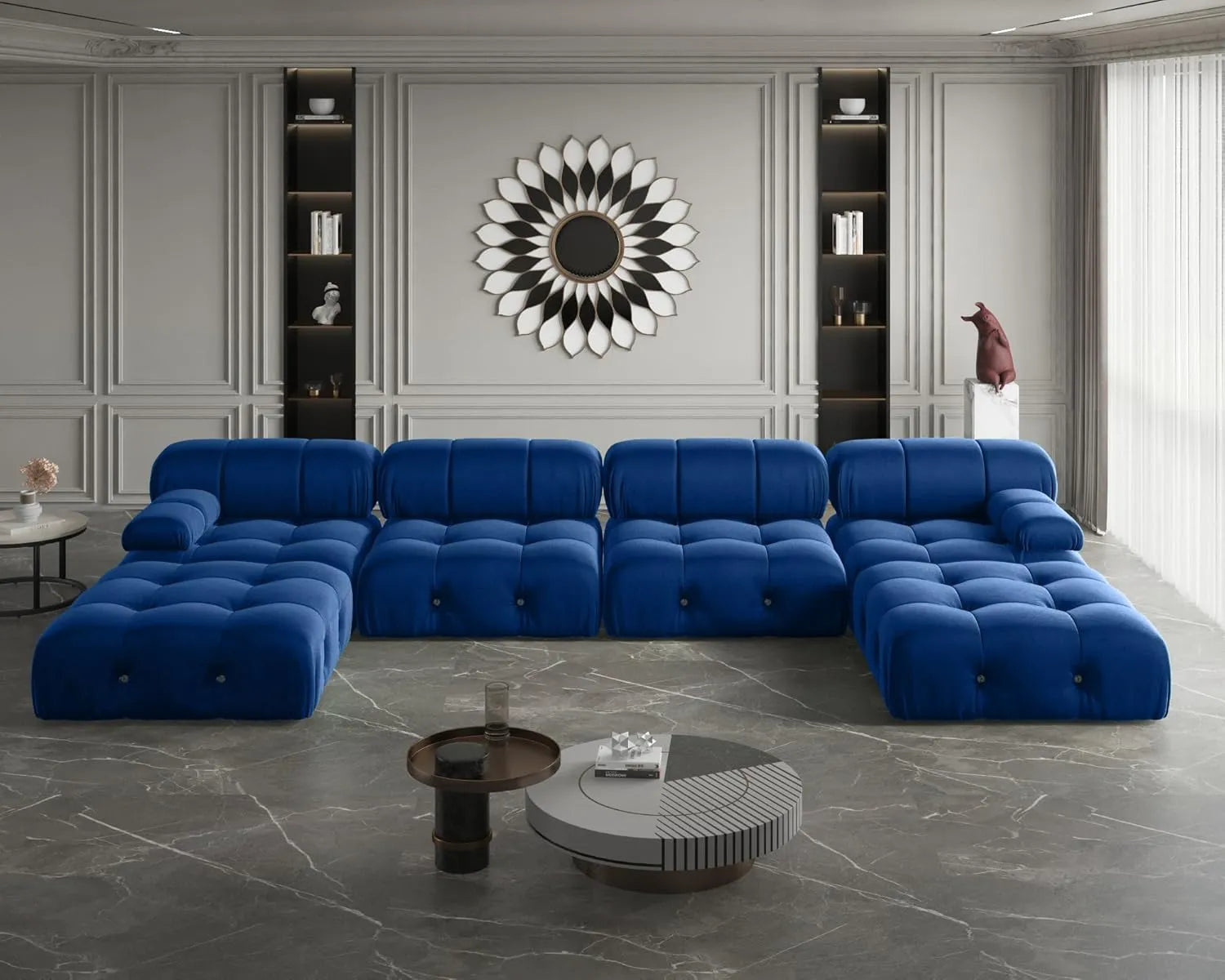 Matrix 4-Seater Blue Modular U-Shaped Sectional | 6-Piece (includes 2 Ottomans), Velvet Fabric, Roomy Layout